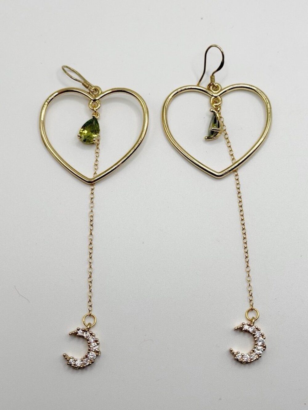 Gold Plated Sterling Silver Long Chain Heart Pave Crescent Moon Pierced Earrings